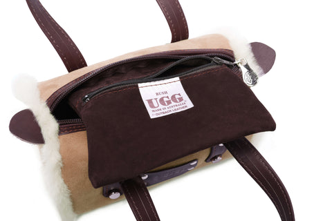 Women Sheepskin Wool Small Hand Carry Zip Barrell Bag