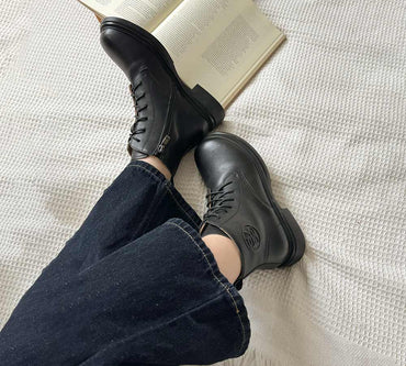 EVERAU® Women Leather Lace Up Zipper Ankle Boots Gabriela EVERAU