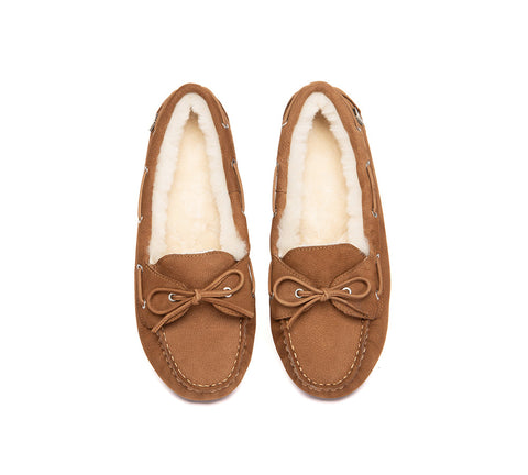 EVERAU® UGG Slippers Women Sheepskin Wool Bow Moccasins Pommie EVERAU