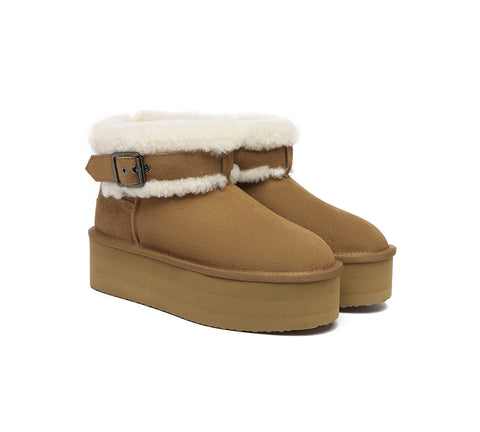 UGG EVERAU® UGG Sheepskin Wool Adjustable Buckle Ankle Platform Boots Ula