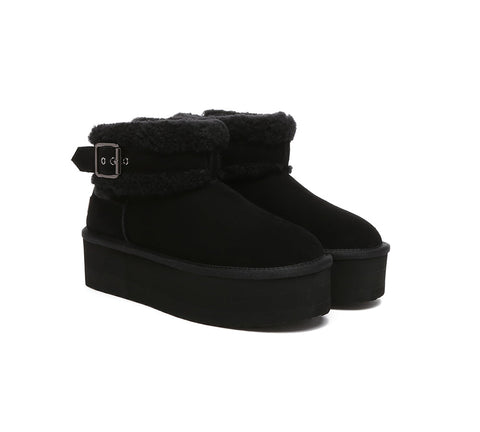 UGG EVERAU® UGG Sheepskin Wool Adjustable Buckle Ankle Platform Boots Ula