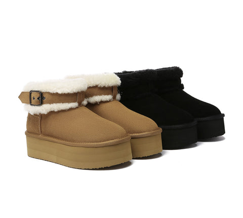 UGG EVERAU® UGG Sheepskin Wool Adjustable Buckle Ankle Platform Boots Ula