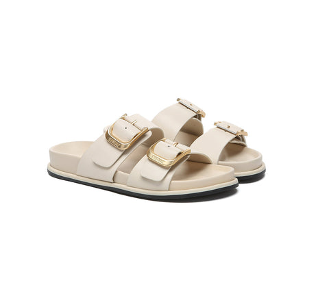 EVERAU® Leather Flat Sandals Women Double Strap Buckle Mounish EVERAU