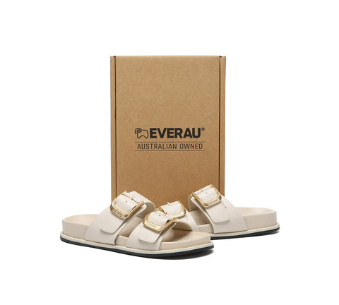 EVERAU® Leather Flat Sandals Women Double Strap Buckle Mounish EVERAU