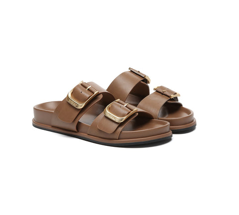 EVERAU® Leather Flat Sandals Women Double Strap Buckle Mounish EVERAU