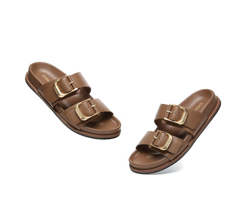 EVERAU® Leather Flat Sandals Women Double Strap Buckle Mounish EVERAU