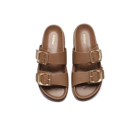 EVERAU® Leather Flat Sandals Women Double Strap Buckle Mounish EVERAU
