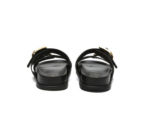 EVERAU® Leather Flat Sandals Women Double Strap Buckle Mounish EVERAU