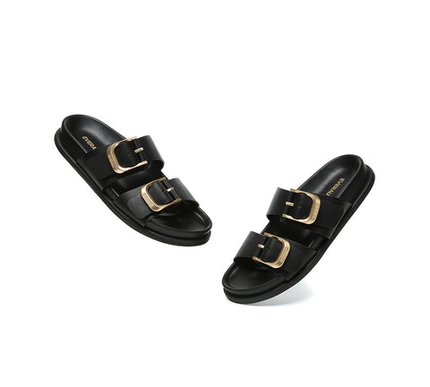 EVERAU® Leather Flat Sandals Women Double Strap Buckle Mounish EVERAU