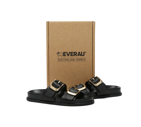 EVERAU® Leather Flat Sandals Women Double Strap Buckle Mounish EVERAU