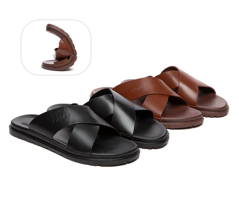 EVERAU® Men Leather Crossover Slip-on Ultra Soft Summer Slides Wyatt - UGG EXPRESS