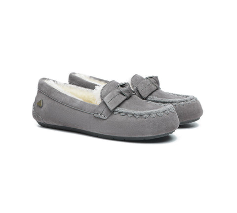 EVERAU UGG Women Sheepskin Wool Bow Ankle Slippers Woven Moccasins