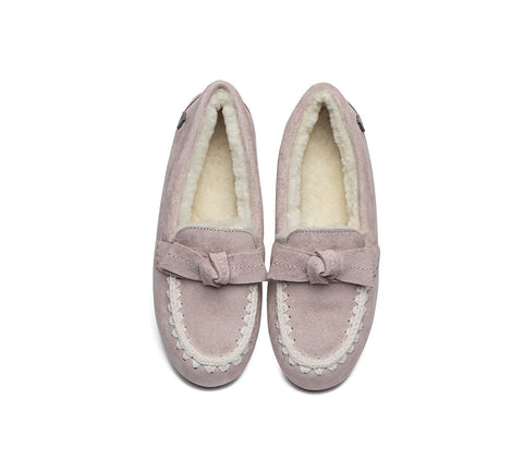 UGG Moccasins - EVERAU® UGG Women Sheepskin Wool Bow Ankle Slippers Woven Moccasins