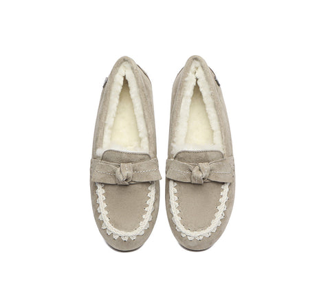 UGG Moccasins - EVERAU® UGG Women Sheepskin Wool Bow Ankle Slippers Woven Moccasins