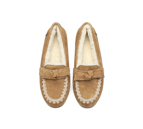 UGG Moccasins - EVERAU® UGG Women Sheepskin Wool Bow Ankle Slippers Woven Moccasins