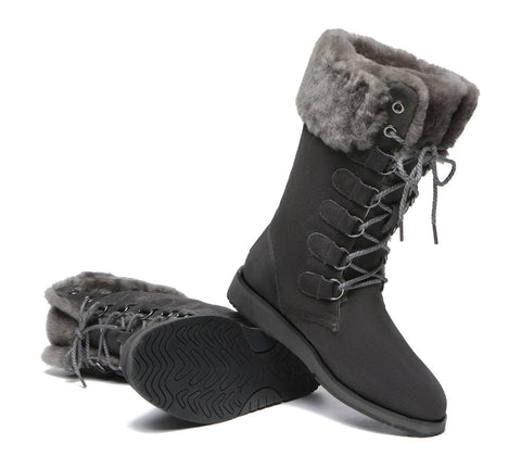 TARRAMARRA® Lace Up Mid Calf Fashion Sheepskin Women Boots Becky