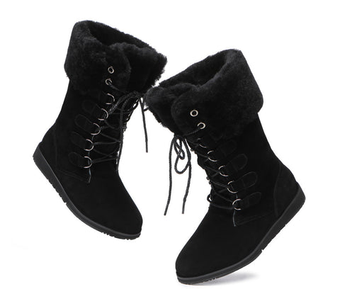 TARRAMARRA® Lace Up Mid Calf Fashion Sheepskin Women Boots Becky