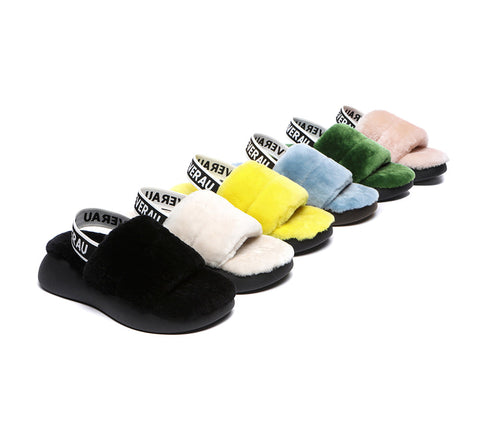 EVERAU® Sheepskin Wool Slingback Fluffy Slides Women Miss Ever