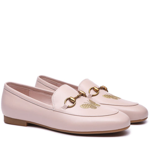 Flats - Everau Pink Loafer With Metal Buckle And Butterfly Embroidery