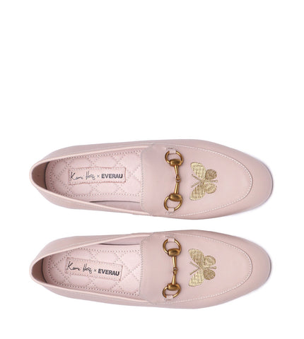 Flats - Everau Pink Loafer With Metal Buckle And Butterfly Embroidery