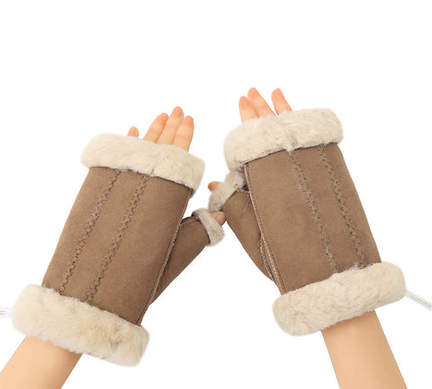 Gloves - Fluffy Fingerless Sheepskin Wool Mittens