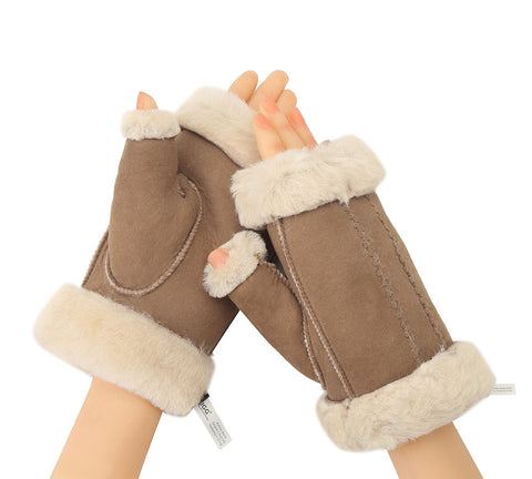 Gloves - Fluffy Fingerless Sheepskin Wool Mittens