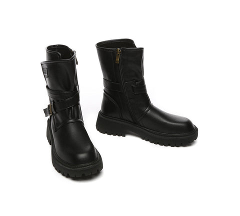 Leather Boots - Women Black Zipper Leather Block Heel Boots Jamie
