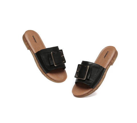 Slides - Women Leather Buckle Top Ultra Soft Slides Bera