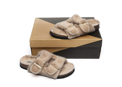 Slippers - AS UGG Women Sheepskin Flat Sandal Slide Myla