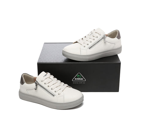 Sneakers - EVERAU® Women Leather Zip Decor Low-top White Sneakers Chloe