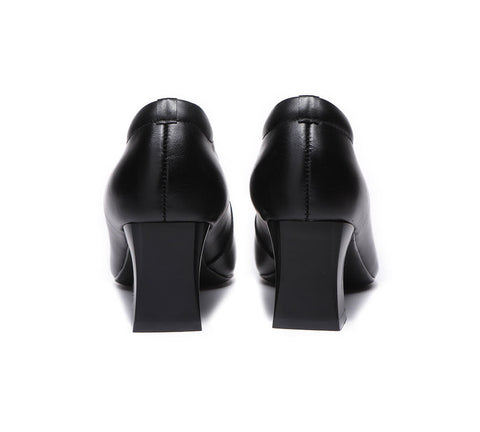UGG Boots - ALL-Black Leather Women Low Block Heels Fanny