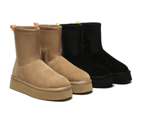 UGG Boots - EVERAU® UGG Women Sheepskin Wool Zipper Stretchy Mid Calf Platform Boots Ethel